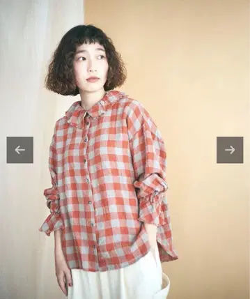 [ 미사용 ] tumugu: 린넨 깅엄 체크 기모 프릴 블라우스