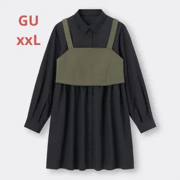 GU 카키 베스트 세트 블랙 개더 프론트 오픈 긴팔 롱 셔츠.