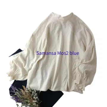 Samansa Mos2 blue 도트 백리본 블라우스