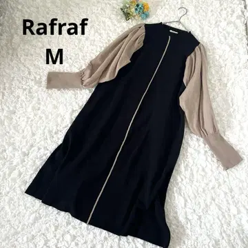Rafraf 니트 원피스 롱 벙벙소매 리브소매 블랙/베이지 M