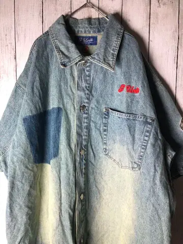G unit 데님 셔츠 XL 오버 사이즈 가죽 패치 메탈 버튼
