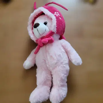 후드 부착 핑크 곰 봉제 인형