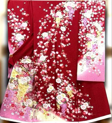 순수 실크 후리소데 고전 패턴 금채 벚꽃 모란 등나무