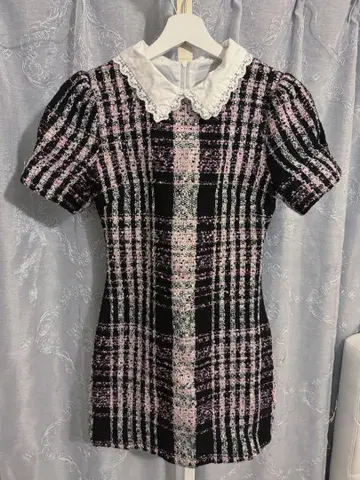 핑크 블랙 카라 부착 트위드 미니 원피스