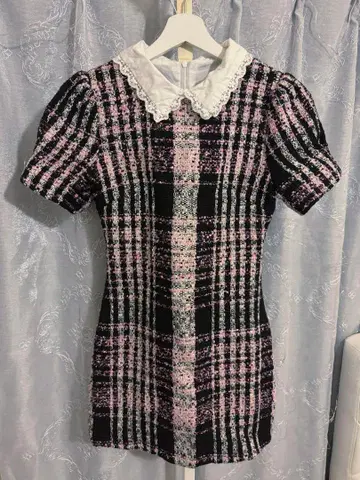 핑크 블랙 카라 부착 트위드 미니 원피스