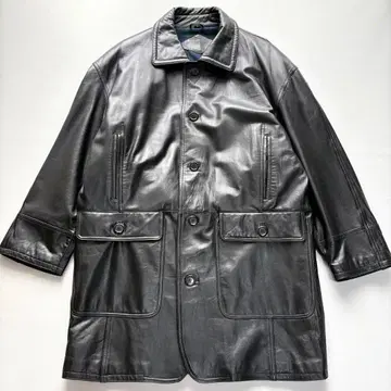 컨디션 최상 L 상당 램 가죽 카 코트 양가죽 가죽 자켓 체크 블랙