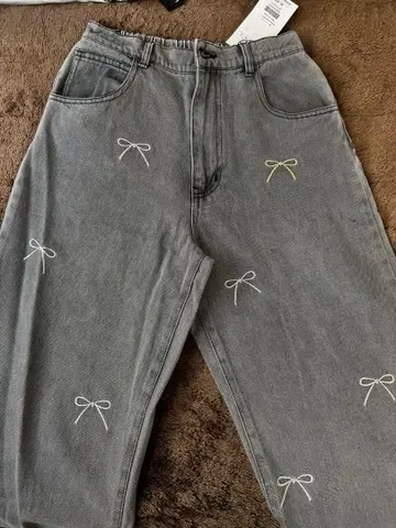 택 포함 새상품 OLIVE des OLIVE 데님 팬츠 리본 자수 그레이