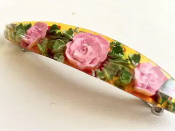 골동품 미사용 클리어 브라운 핑크 꽃 인탈리오 조각 vintage 머리핀