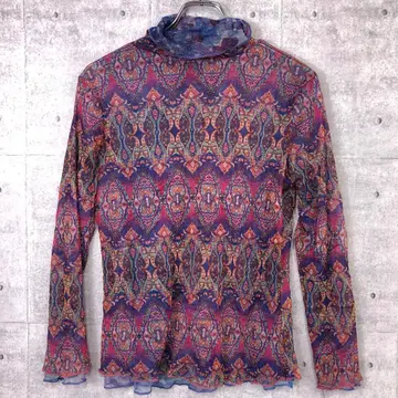 사이키델릭 기하학 패턴 하이넥 리버서블 메쉬 긴팔 시어 탑