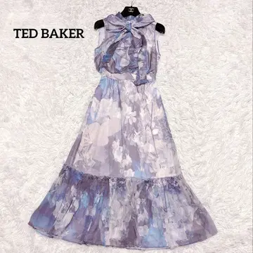 TED BAKER 꽃무늬 쉬폰 리본 프릴 보타이 롱 원피스