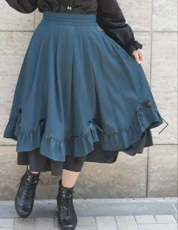 axes femme 사다리 레이스 x 리본 배색 스커트 블루그린