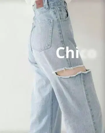 Chico 데미지 와이드 데님 팬츠 사이드 슬릿 라이트 블루