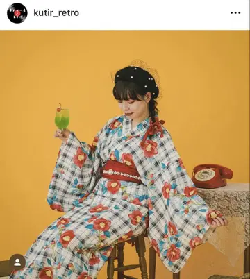 꽃무늬 체크 세퍼레이트 타입 유카타 오비 세트 프리 사이즈