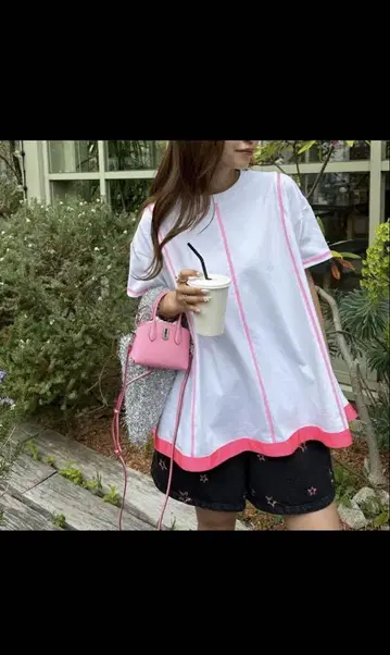 LINKABLE 플레어 택 T셔츠 핑크 x 화이트