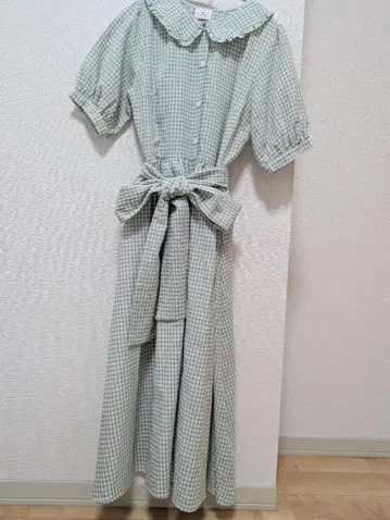 메리제니 깅엄 체크 셔츠 원피스 리본 그린 프릴