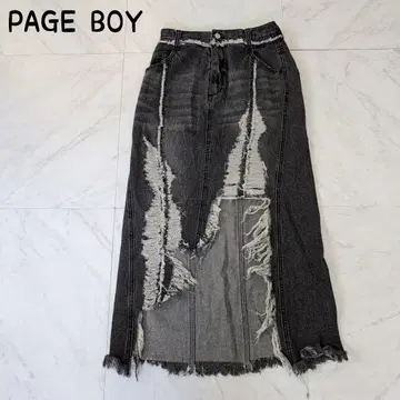 PAGE BOY 블랙 데님 롱 스커트 데미지 프린지 코튼