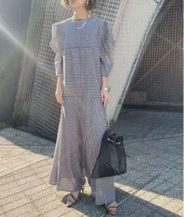 깅엄 체크 2웨이 퍼프 소매 드레스