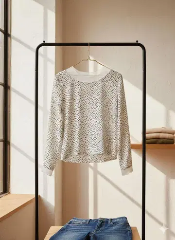 도트 무늬 긴팔 블라우스 화이트 블랙 레트로 빈티지 일본제