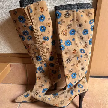 로데오 크라운 꽃무늬 스웨이드풍 롱 부츠