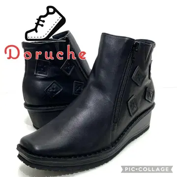 미사용 새상품 DORUCHE 블랙 가죽 웨지솔 부츠 25.5cm 일본제