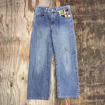 90s COOGI 배기 데님 와이드 팬츠 자수 힙합 만국기