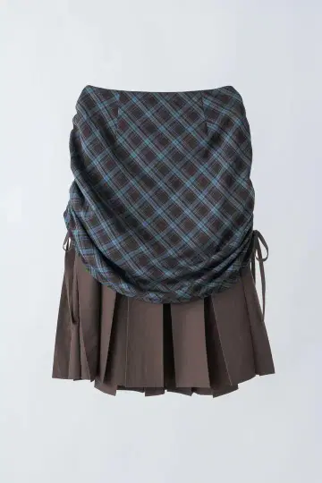 drawstring check pleats skirt BRN / FREE