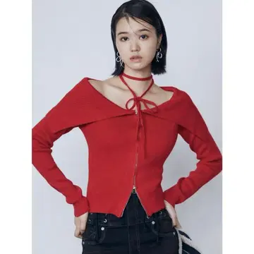 EMODA 컬러 오프숄더 스트랩 니트 빨간색