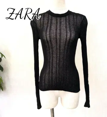 ZARA 스트레치 시어 리브 바디 핏 크루넥 모드 상의