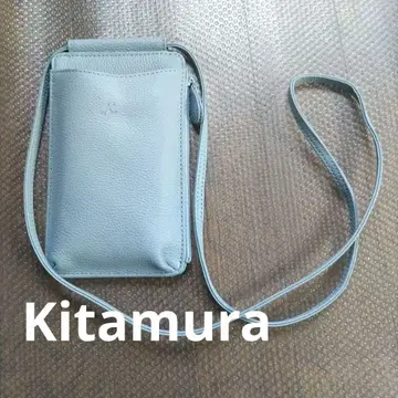 키타무라 엠보싱 로고 천연 가죽 스마트폰 숄더백 라이트 블루