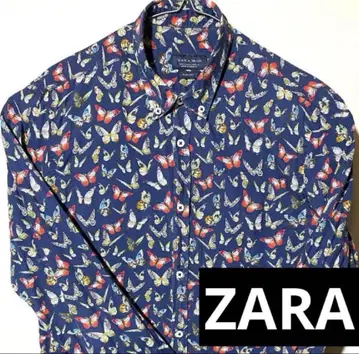 ZARA M S 긴팔 올 패턴 나비 패턴 블루 셔츠