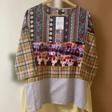 다색 체크 무늬 꽃무늬 오부 소매 튜닉