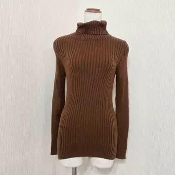 MUJI [ L ] 터틀넥 리브 니트 울 100% 브라운 무지