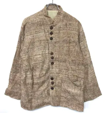 레트로 구제 의류 네이처 버튼 헤링본 무늬 밴드 카라 자켓