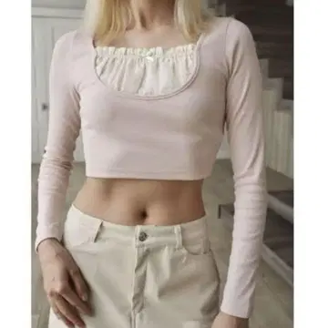 epine U cut frill layered rib tops 핑크