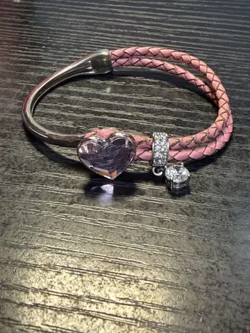 핑크 가죽 팔찌 하트형 크리스탈 포함