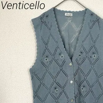 Venticello 니트 베스트 V넥 꽃무늬 자수 체크 무늬 굵은 짜임