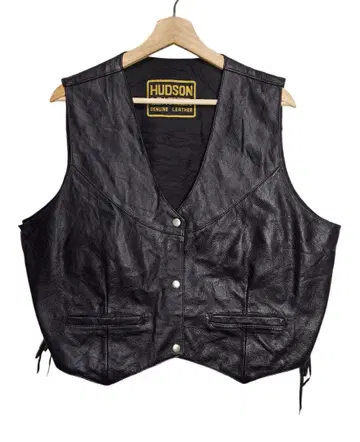 HUDSON LEATHER 가죽 베스트 사이드 레이스 & 네이비풍 장식