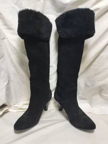 귀여운 긴자카네마츠 블랙 퍼 니하이 롱 부츠