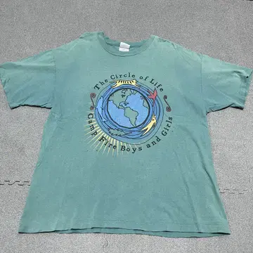 150 90s USA제 Hanes BEEFY 지구 프린트 페이드 그린