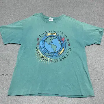 150 90s USA제 Hanes BEEFY 지구 프린트 페이드 그린