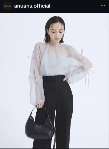 아뉴앙스 슬리브 리본 시어 블라우스 민트 시어 블라우스