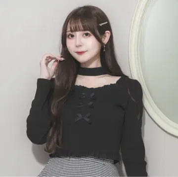 프론트 리본 초커 티셔츠 블랙