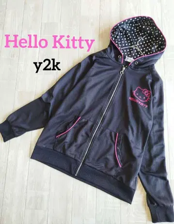 헤이세이 갸루 키티 후드티 저지 3L 블랙 핑크 라메 도트 y2k