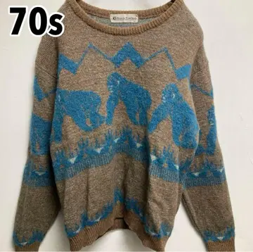 60s 70s 빈티지 고릴라 패턴 크루넥 스웨터 니트 나이가이