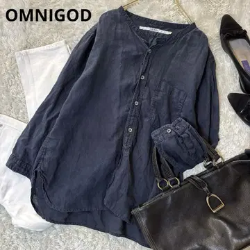 새상품급 OMNIGOD 옴니갓트 밴드 카라 린넨 개더 셔츠 네이비