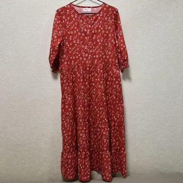 꽃무늬 빨간색 롱 원피스 7부 소매