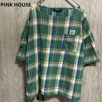 PINK HOUSE 체크 무늬 반팔 셔츠 고양이 자수 패치 체크 무늬