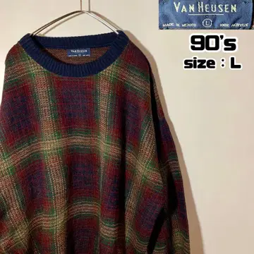 90s VANHEUSEN 아크릴 니트 스웨터 체크 무늬 L