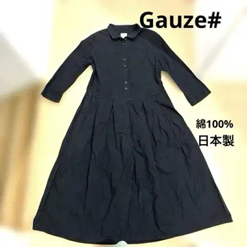 Gauze# 셔츠 원피스 A라인 7부 소매 면 100% 블랙