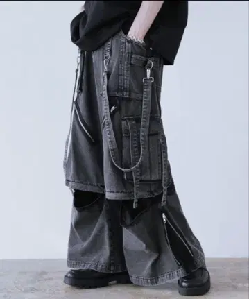 LILL x  3way 루즈 실루엣 하이 기믹 서스펜더 데님 카고